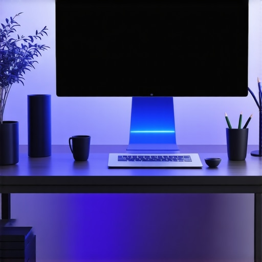 Future-Ready Home Office Setup A modern home office featuring AI technology, IoT gadgets, and holographic displays, showcasing advanced remote work environment