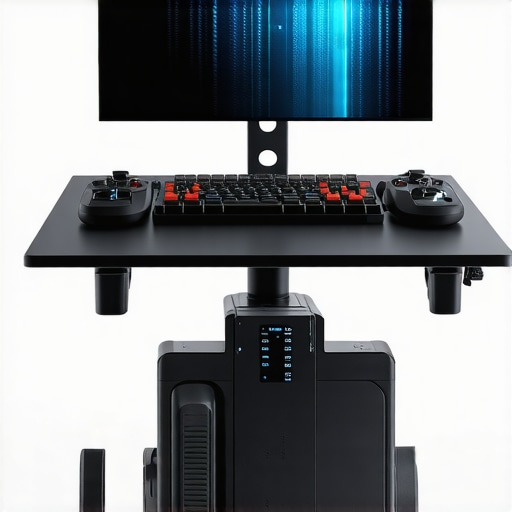 Futuristic Gaming Setup with Advanced Tech A modern gaming room featuring AI controllers, haptic suits, and VR headsets for immersive gaming.