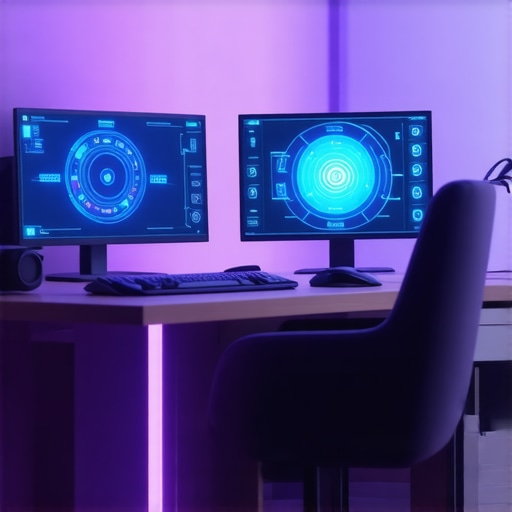 A modern home office featuring biometric security, AI controls, ergonomic furniture, and immersive tech