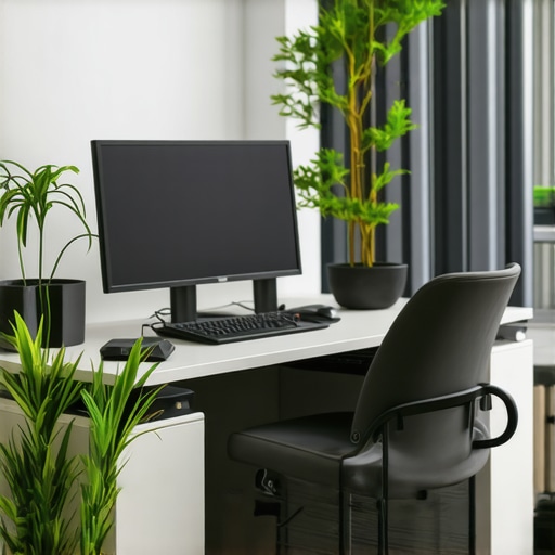 Home office with smart devices, ergonomic furniture, and large monitor