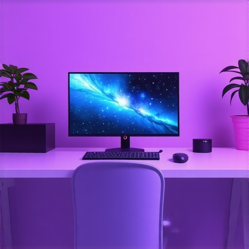 A modern home office featuring AI-powered devices, biometric wearables, and adaptive lighting for optimal productivity