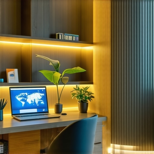 Futuristic home office with smart furniture and adaptive lighting