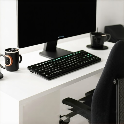 A futuristic home office with wearable tech, ergonomic furniture, and seamless device integration.