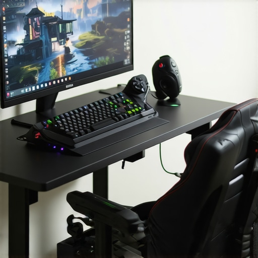 Modern Gaming Setup with Cutting-Edge Tech A gamer’s high-tech setup including a responsive monitor, ergonomic chair, and advanced gaming accessories.