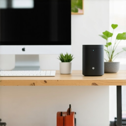 Modern home office featuring smart sensors, IoT devices, and AI assistants creating an automated, health-focused workspace.