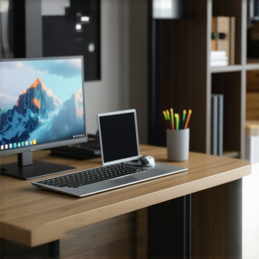 A modern home office featuring advanced tech gadgets, ergonomic furniture, and wearable devices for productivity
