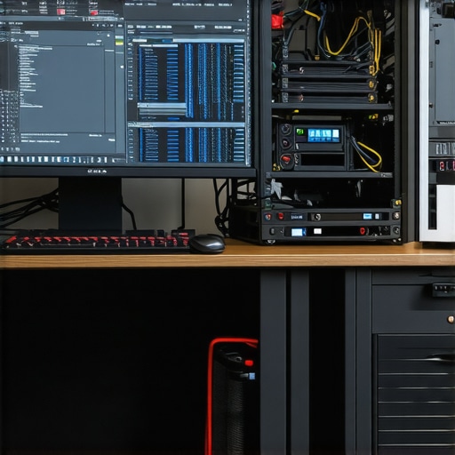 Home office with monitoring tools and organized tech equipment.