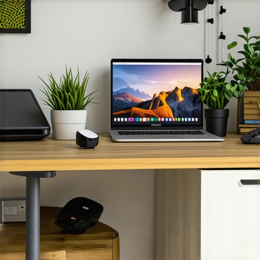 A sleek, organized home office with high-tech gadgets, laptops, and wearables in a well-lit space