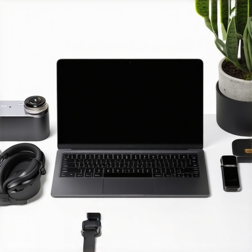 A contemporary home office featuring a high-end laptop, smart gadgets, and wearable devices on a tidy desk