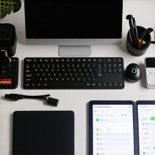 A person managing smart devices and maintenance tools in a modern home office.