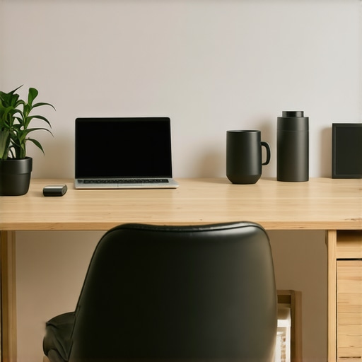 Modern home office with smart gadgets, wearables, ergonomic furniture, and ambient lighting