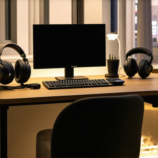 A modern home office with ergonomic desk, wearables, noise-canceling headphones, and smart lighting, showcasing a high-tech workspace