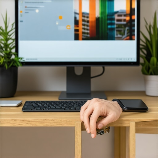 Modern home office with ergonomic desk, smart devices, and wearable tech