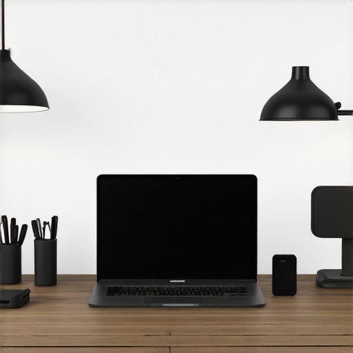 Efficient Modern Home Office with Tech Gadgets A clean and organized home office featuring a powerful laptop, smart lighting, and wearable tech