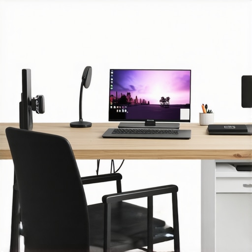 A sleek home office with ergonomic accessories and smart technology
