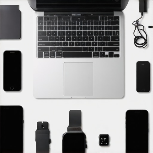 A modern workstation showcasing laptops, wearables, and smart devices for a productive home office