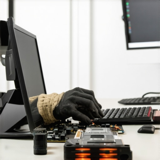 Person checking and cleaning computer hardware in their home office.
