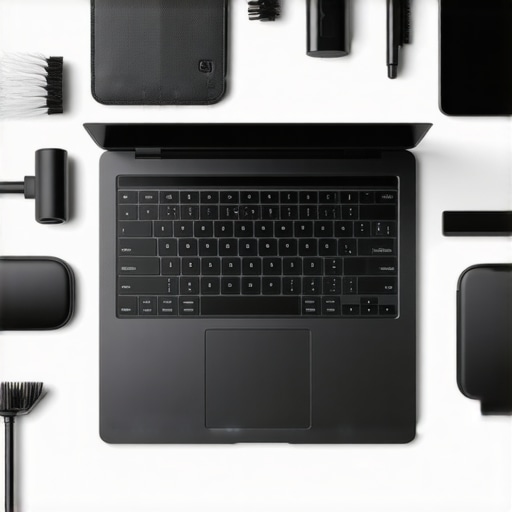A modern home office setup with cleaning and maintenance tools for tech devices.