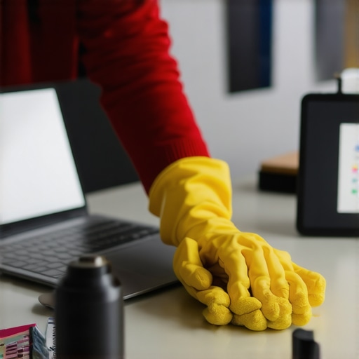 Person cleaning and updating home office smart devices and laptops to ensure long-term performance