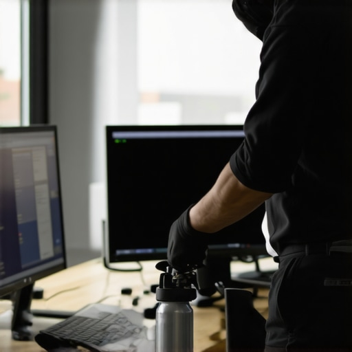 Maintaining a Home Office Setup Person cleaning computer components in a home office environment.