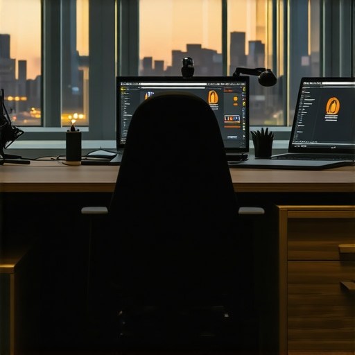 A sleek, organized home office with ergonomic furniture, dual monitors, and smart tech devices.