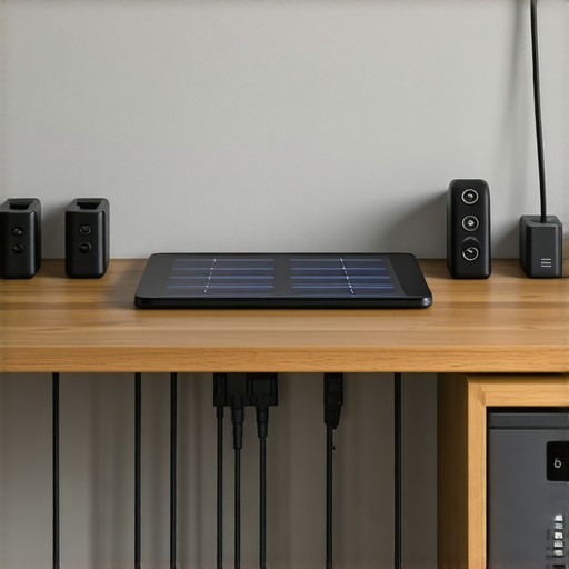 A modern home office setup with solar charging stations and tidy cables
