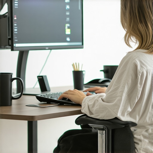 A person working at a desk with smart monitor, wearable health tracker, and smart home devices in a contemporary home office.