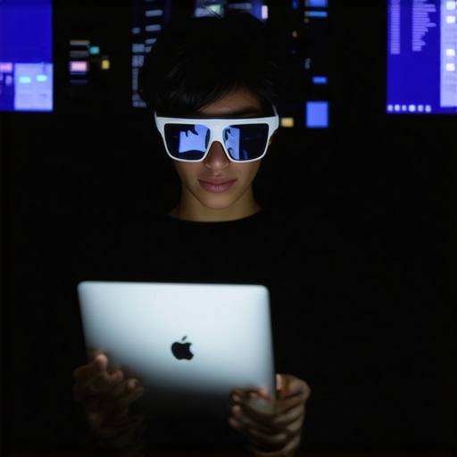 Person using AR glasses with virtual workspace overlays in a home office environment