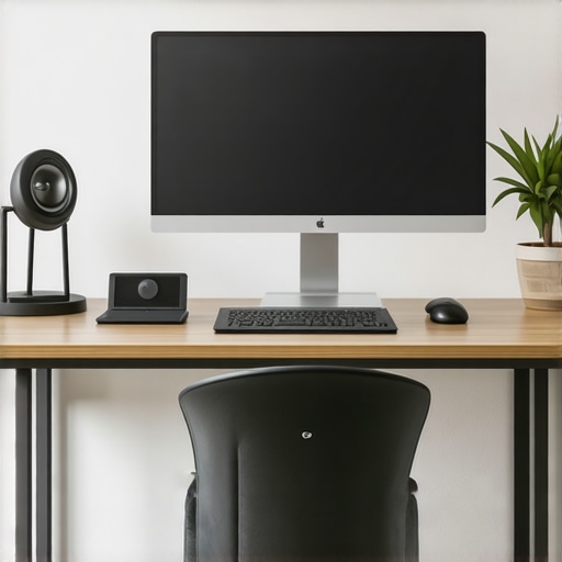 Home office with adjustable monitor, standing desk, and ergonomic accessories
