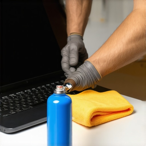 Person cleaning a laptop with compressed air and microfiber cloth for optimal performance.