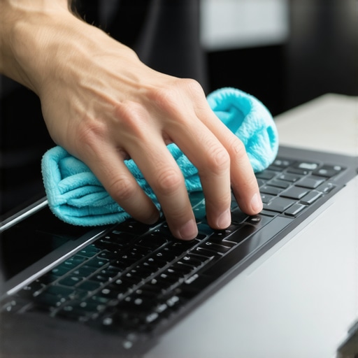 Person cleaning a laptop screen with a microfiber cloth, highlighting device upkeep.
