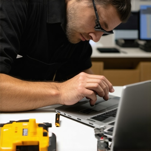 Proactive Tech Maintenance in a Home Office A person cleaning and updating a laptop in a well-organized home workspace.