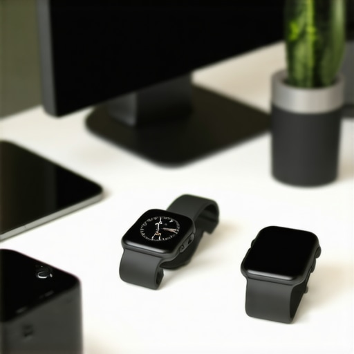 Contemporary home office featuring smart devices and wearable tech on desk