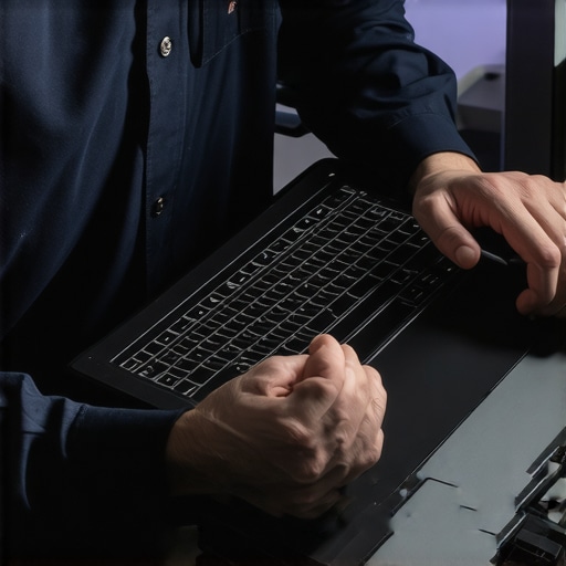 Technician performing laptop diagnostics with specialized tools.