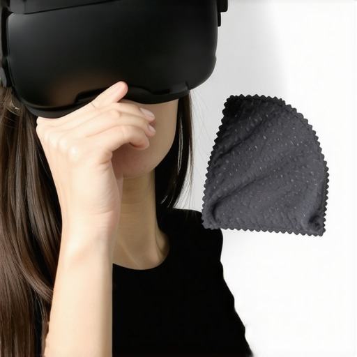 Person cleaning VR headset lenses with microfiber cloth