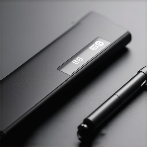 Close-up of a sleek smart pen lying on a workspace with digital devices
