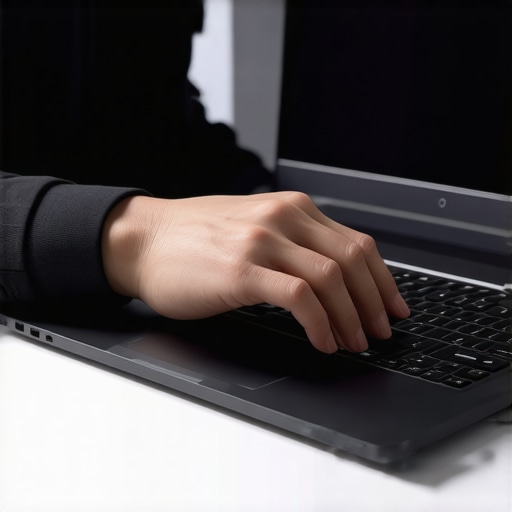 Person configuring power options on a futuristic AI laptop in a minimalist home workspace.