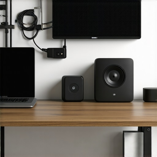 A detailed shot of a clean and organized home office desk with smart devices and maintenance tools, highlighting setup for easy upkeep