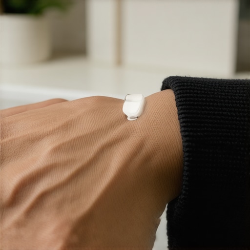 Person adjusting a stylish smart ring on their finger in a modern home office setting.