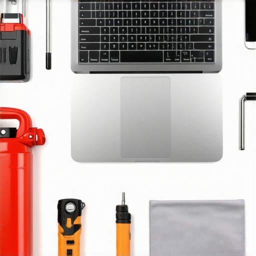 A workspace with tools and devices for maintaining laptops and smart gadgets.