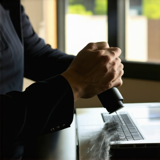 Person cleaning a laptop with compressed air to maintain hardware performance.
