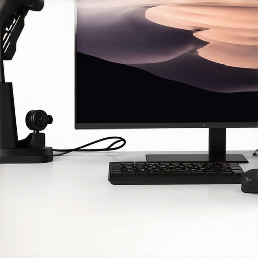 Home office setup featuring an AI webcam on an adjustable stand, smart lighting, and a tidy desk.