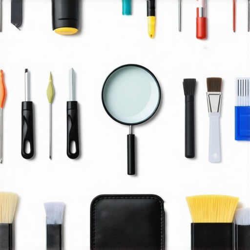 A professional workspace setup featuring tools like screwdrivers, anti-static wrist strap, and cleaning brushes for computer maintenance