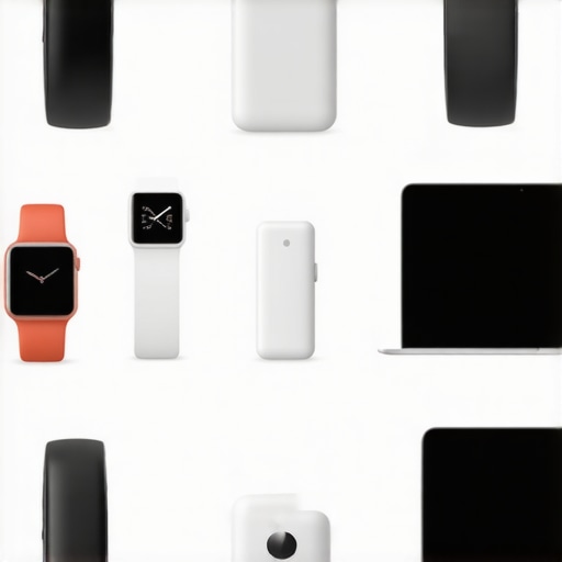 A sleek home office with multiple connected smart devices, wearables, and laptops showing seamless integration.