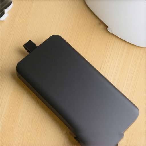 An external solid-state drive on a tech-savvy home office desk