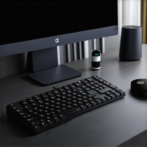 A futuristic home office with biometric keyboard, environmental sensors, and encrypted network protection.