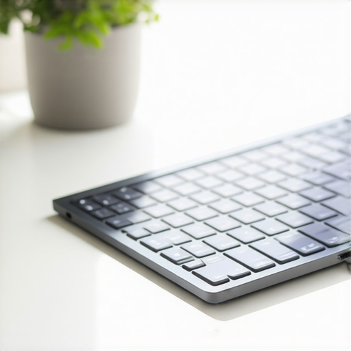 Close-up of a solar-powered wireless keyboard receiving sunlight in an organized home office