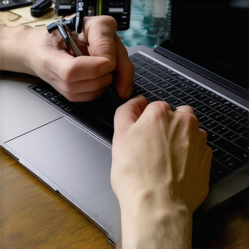 Person repairing a laptop with specialized tools and circuitry visible