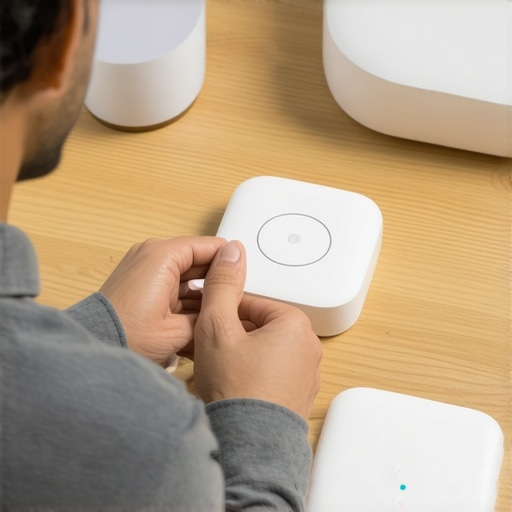 Person adjusting smart home devices in a modern living room, emphasizing fine-tuning technology.