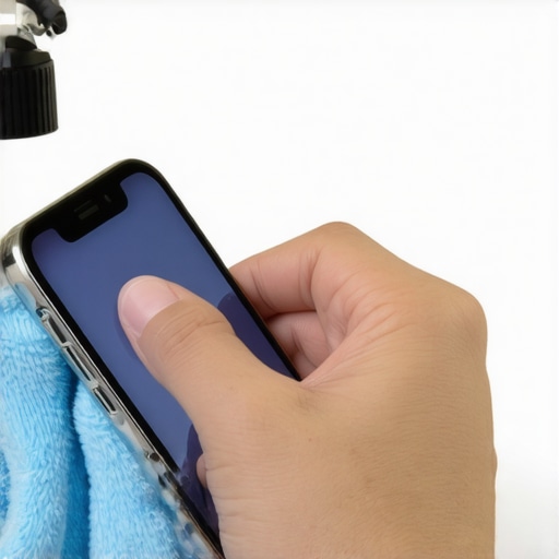 A hand holding a microfiber cloth wiping a smartphone screen with a cleaning spray